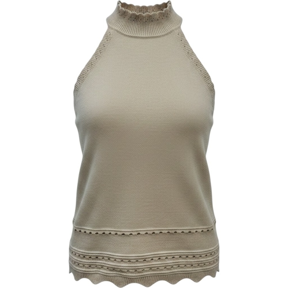 Women's Beige Knit Halter Top Sz Med- Mock Neck Scalloped Eyelet Hem Sleeveless